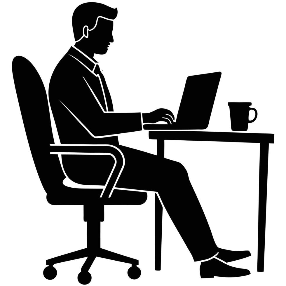 Modern Office Worker Sitting at Desk with Laptop Silhouette vector