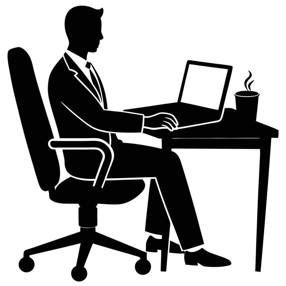 Professional Man Sitting in Office Chair at Desk with Laptop Silhouette vector