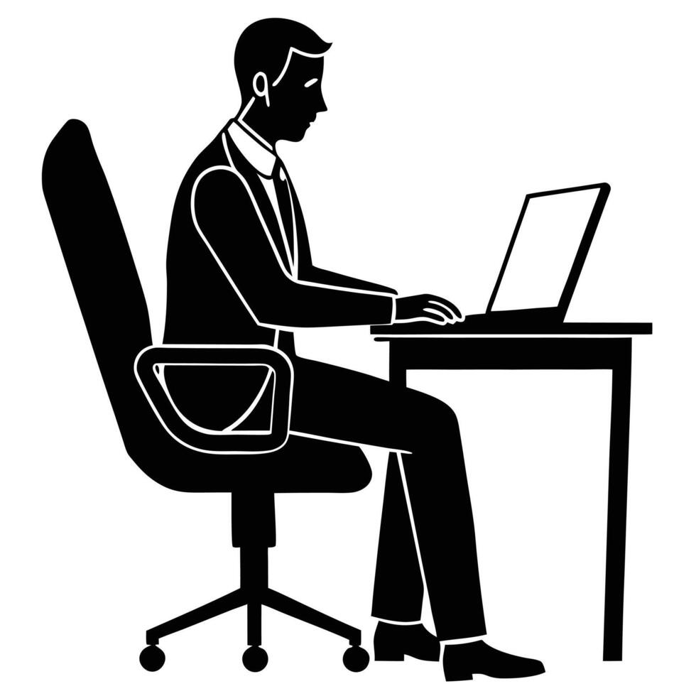 Businessman Working on Laptop at Desk Silhouette vector