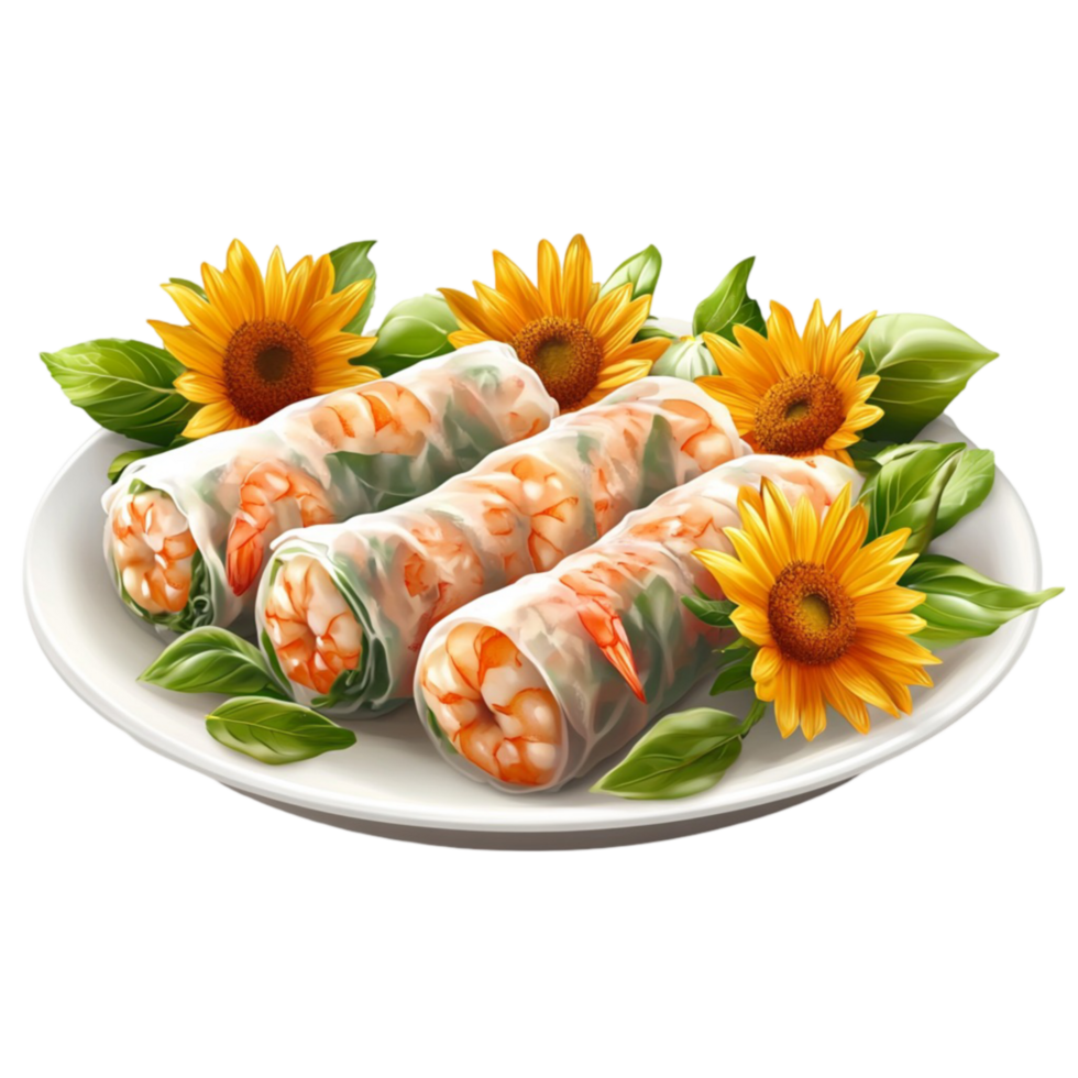 Fresh Vietnamese Spring Rolls with Sunflower Garnish png
