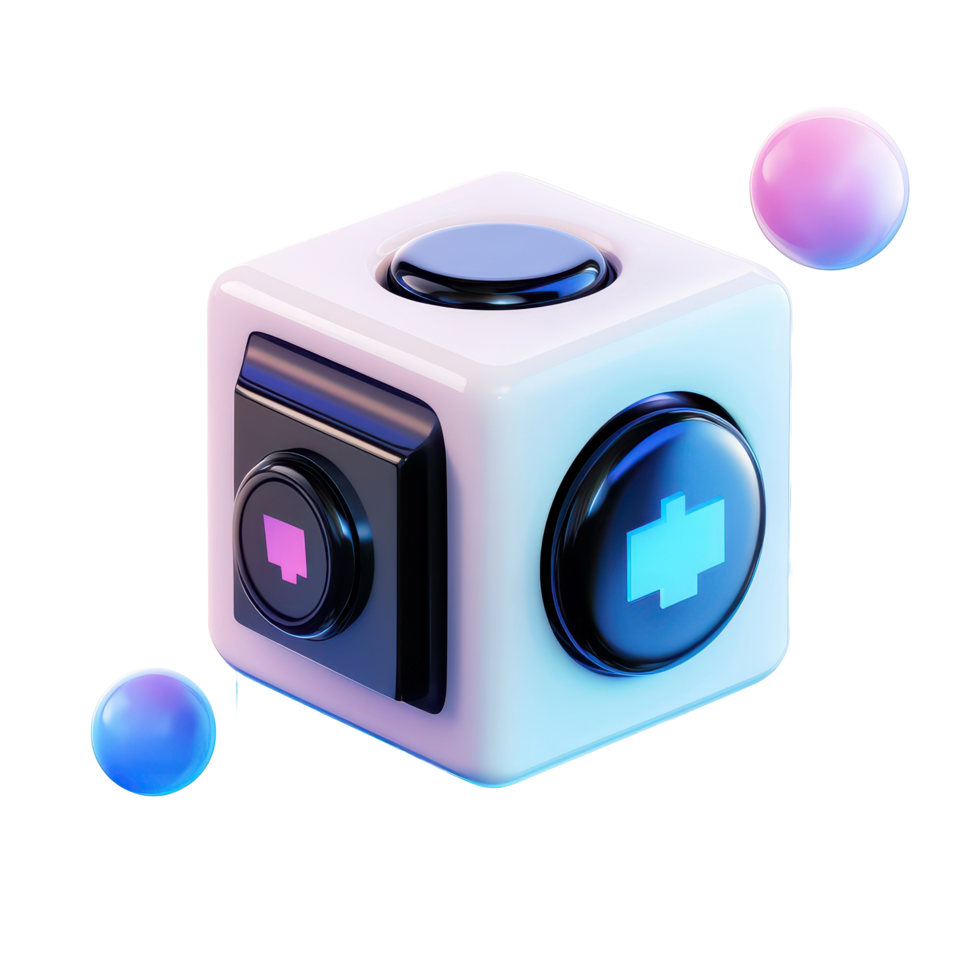 A White Cube With Three Circular Buttons and Spheres png