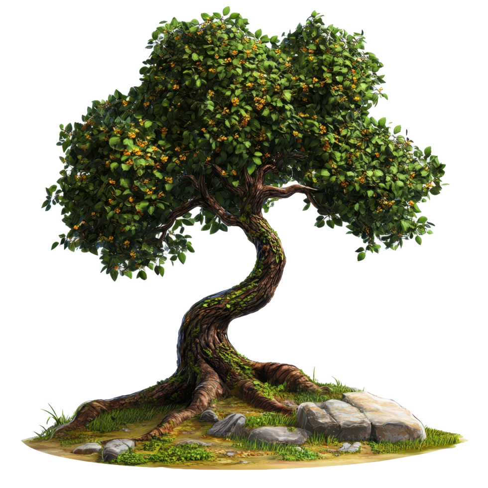 A flowering tree with a curving trunk and exposed roots png