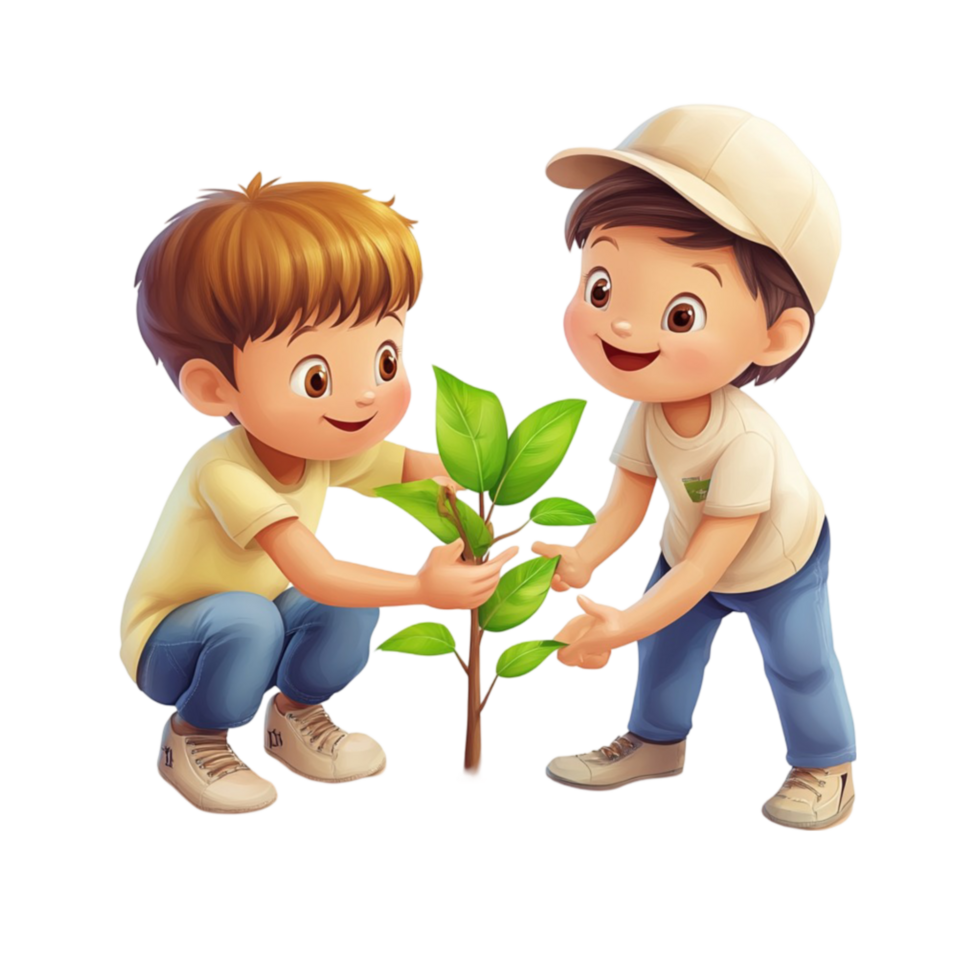 Two Cartoon Boys Planting a Small Tree png