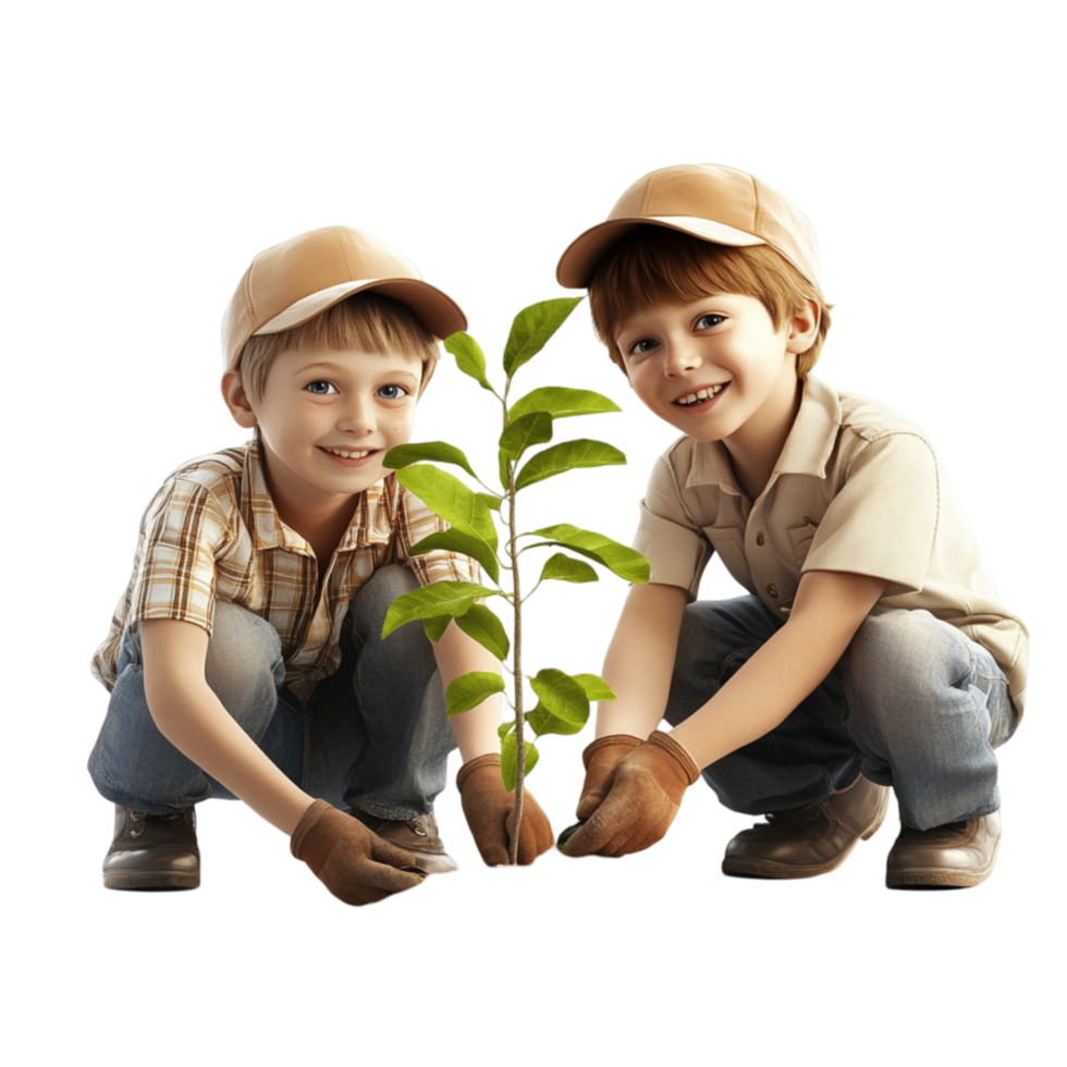 Cartoon Boys Planting a Sapling Together png