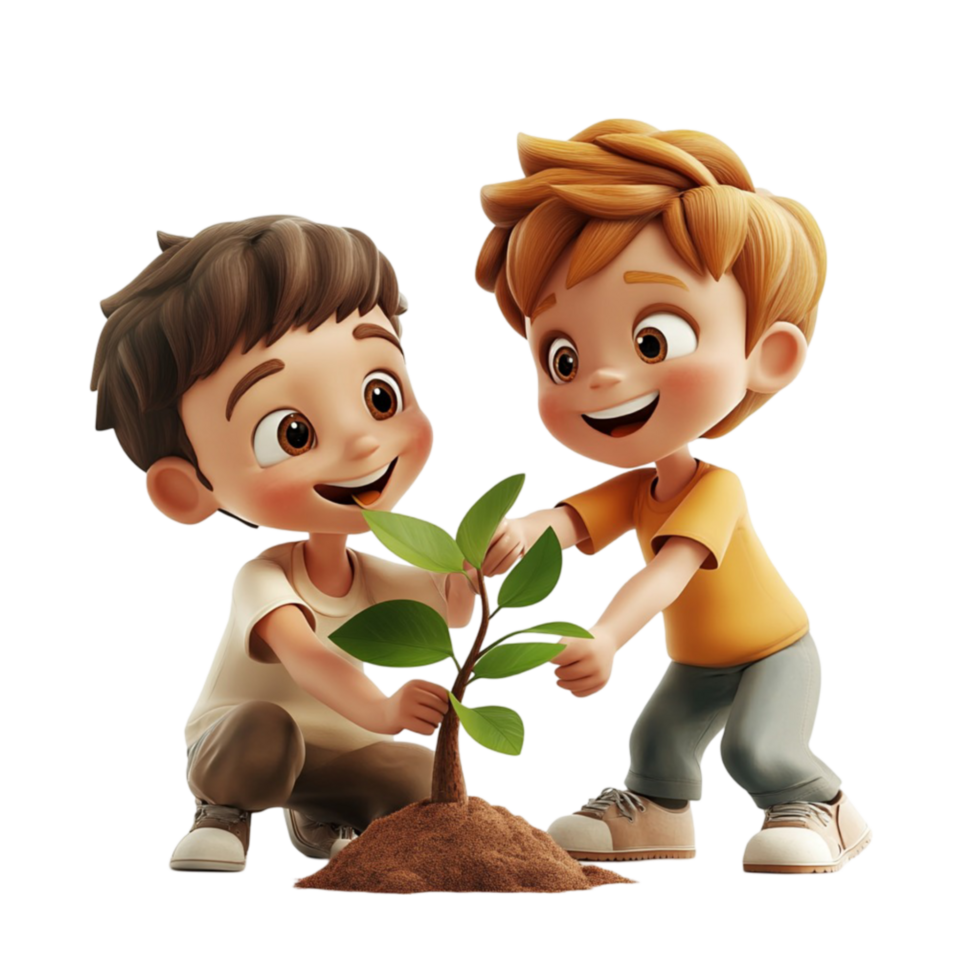 Cute Cartoon Boys Planting a Sapling png