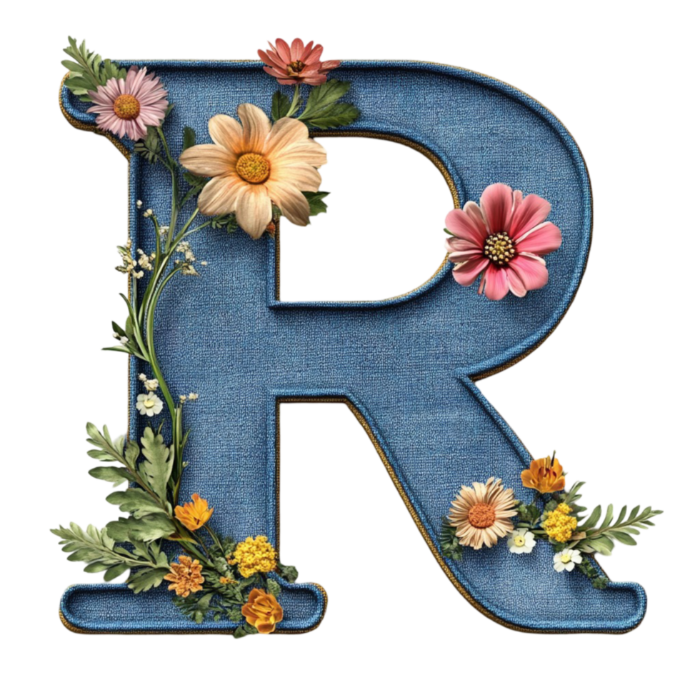 Elegant Floral Letter R in Denim Style png