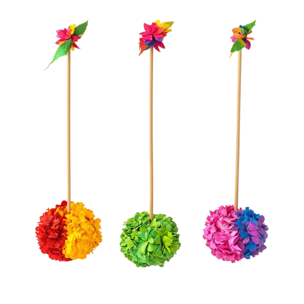 Colorful Pom Poms on Sticks with Flower png