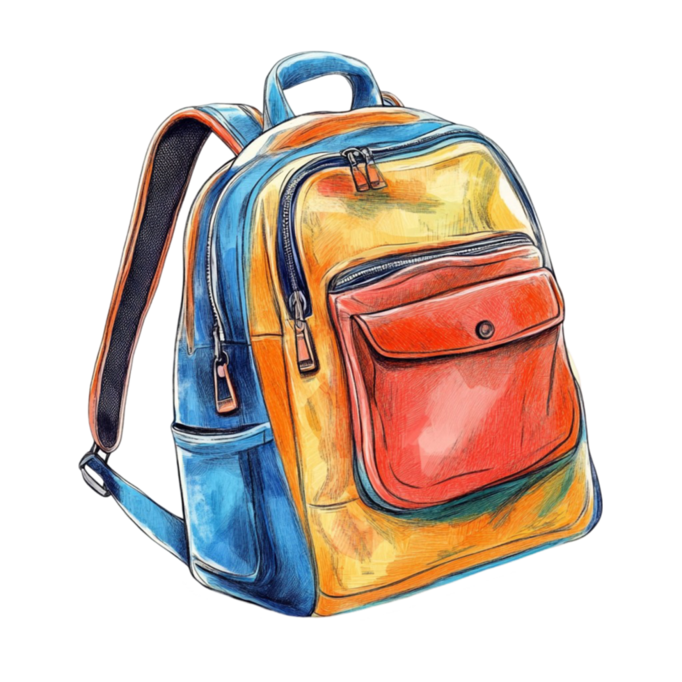 Blue and Orange Backpack with Leather Straps png