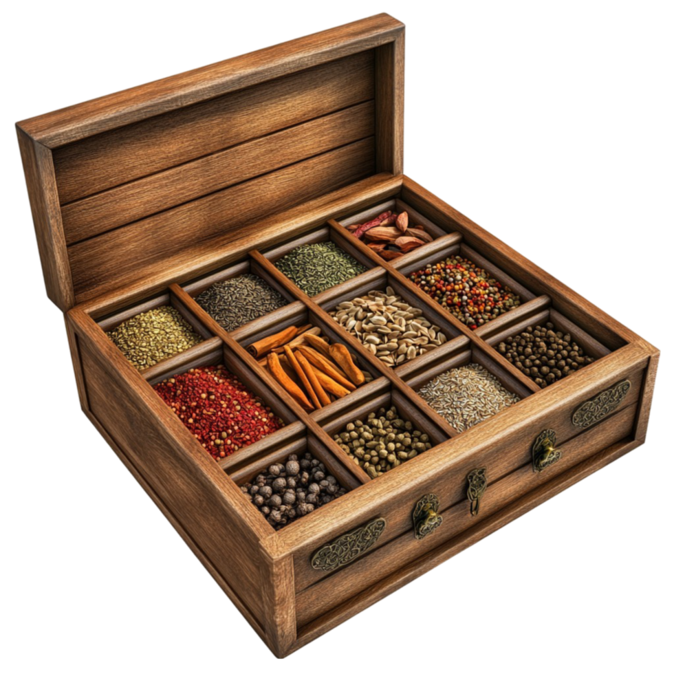 Wooden Box with Spices and Herbs png