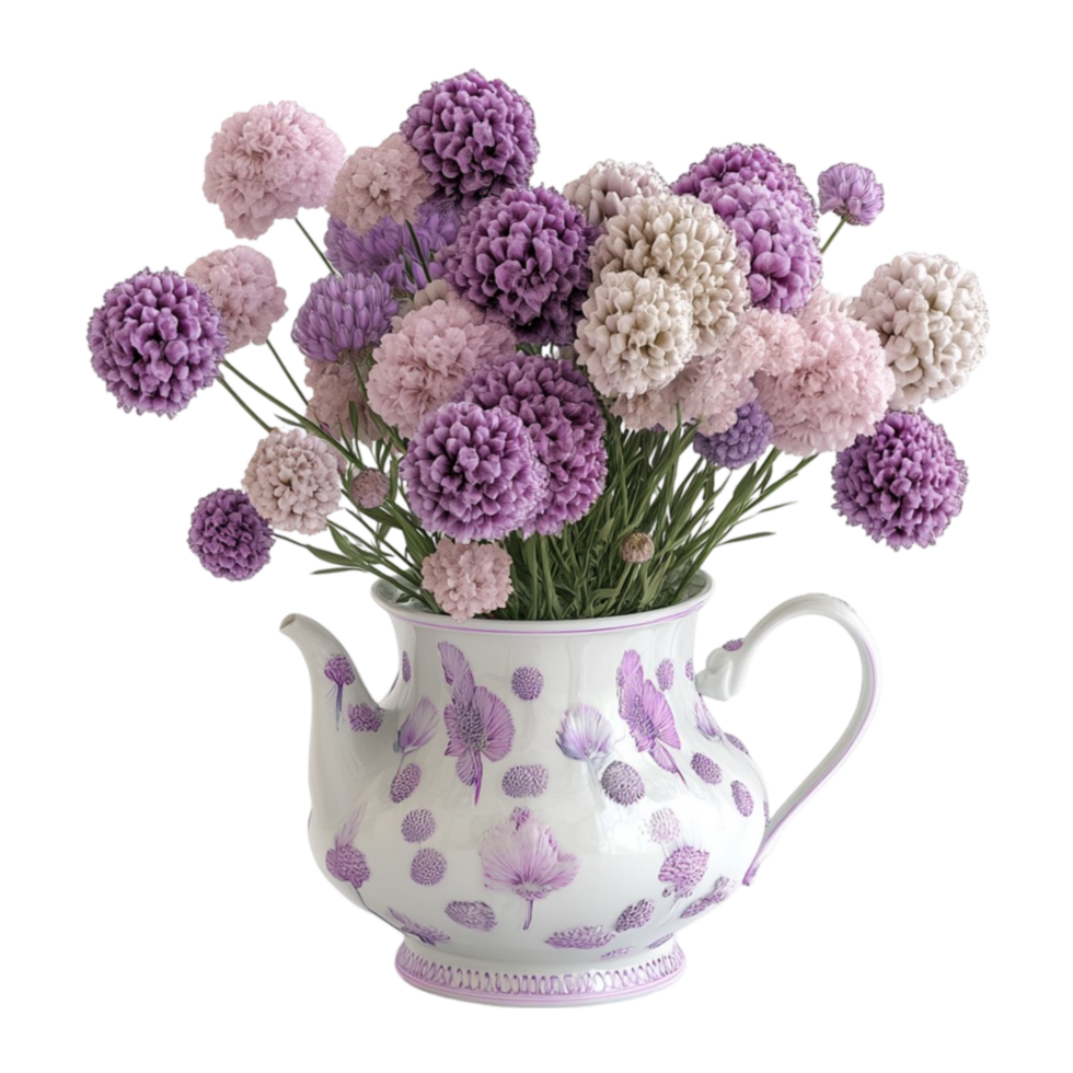 Artistic Floral Teapot with Purple Blooms png