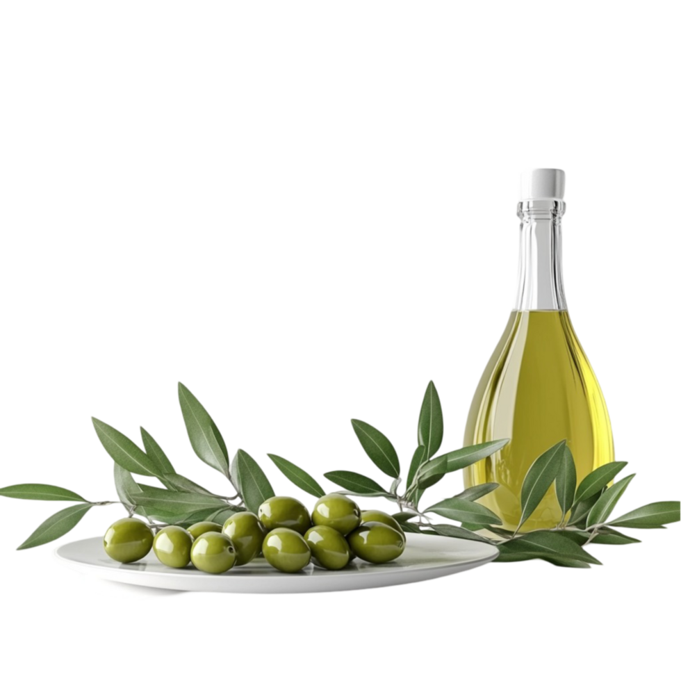 Olive Branch and Olive Oil Bottle with Rustic Look png