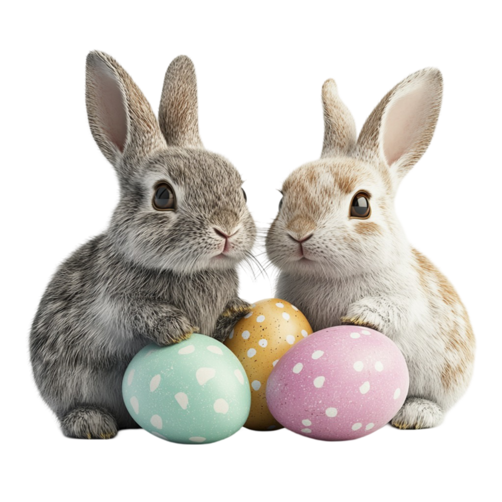 Two Bunnies with Colorful Easter Eggs png