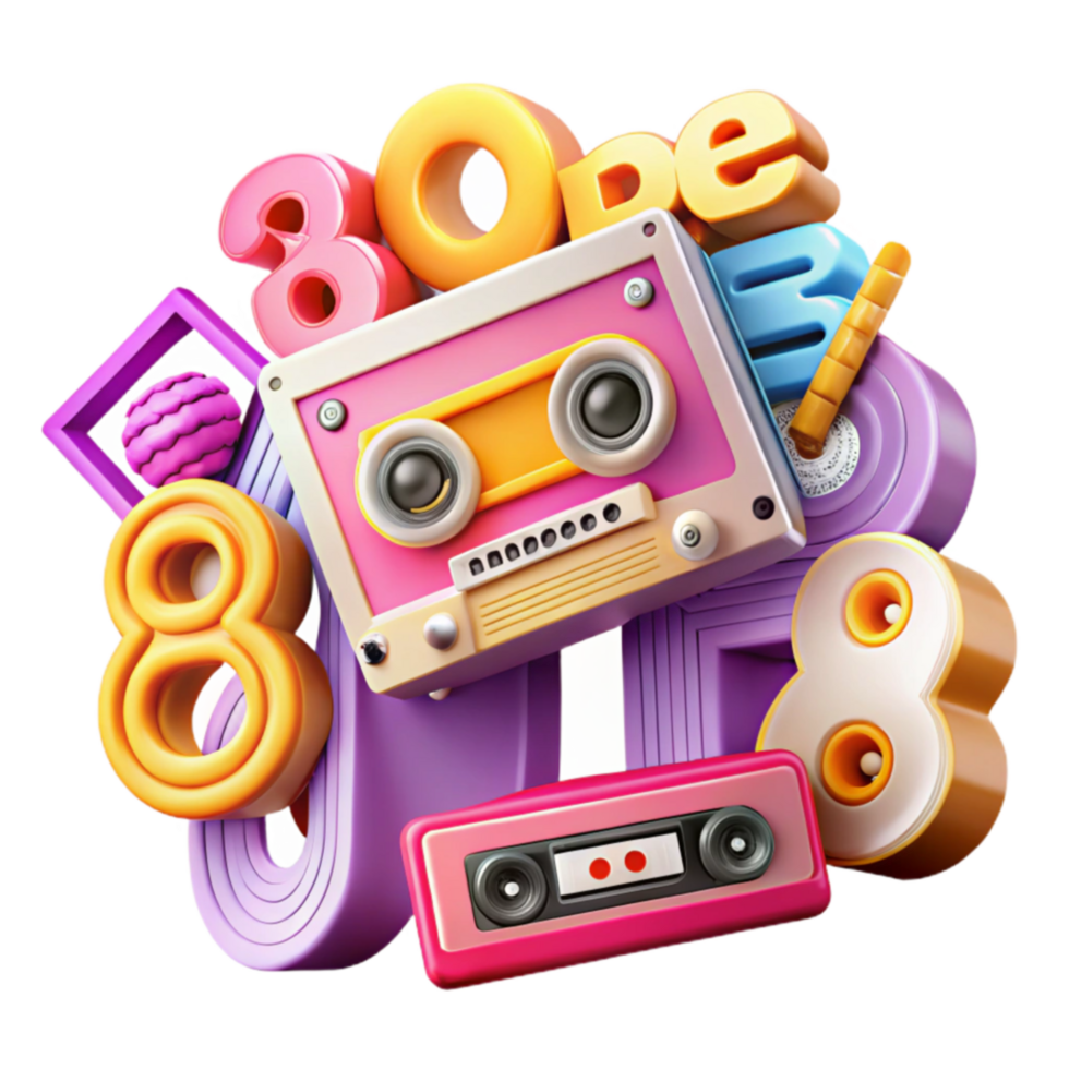 Retro 80s Music Cassette Tapes Design png