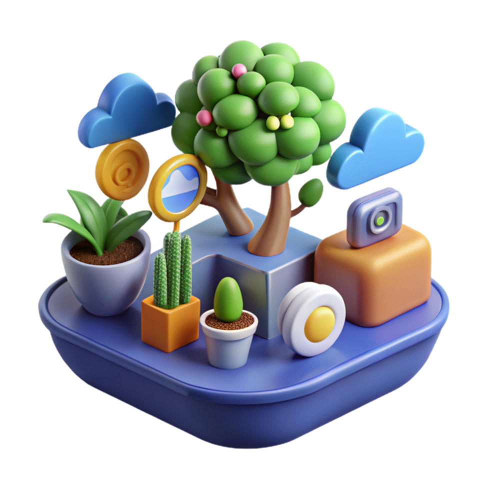 3D Render Miniature Garden Scene with Camera and Cloud Icons png
