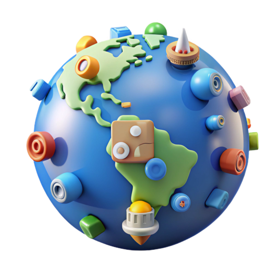 Global Innovation 3D Render of a World with Colorful Objects png