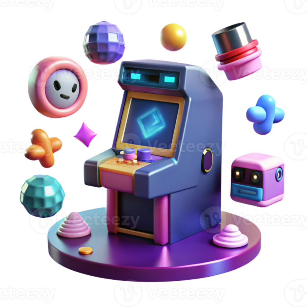 Retro Arcade Game Fun 3D Render of Colorful Shapes and Machine png