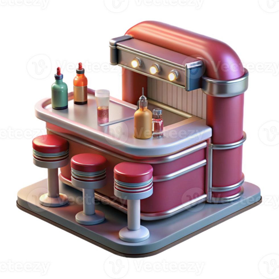 Retro Bar Counter with Stools 3D Model png