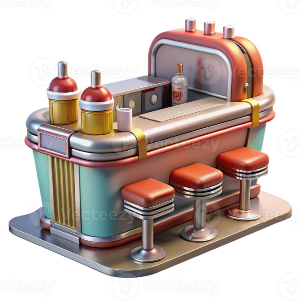 Retro Diner Bar Vintage Counter, Stools, and Drinks png