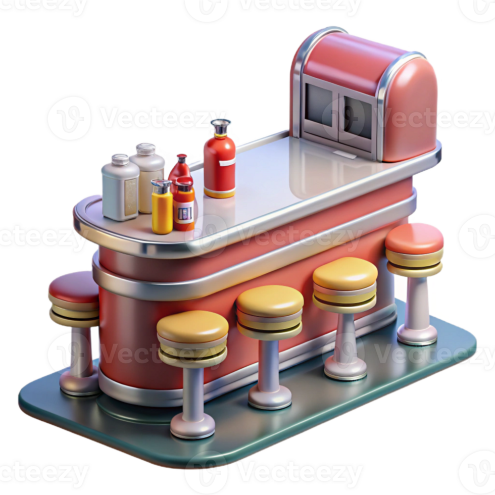 Retro Diner Counter 3D Render of Vintage Soda Bar png
