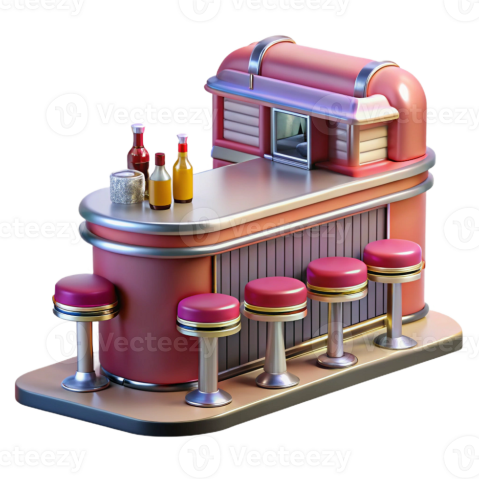 Retro Diner Bar Counter with Stools 3D Model png