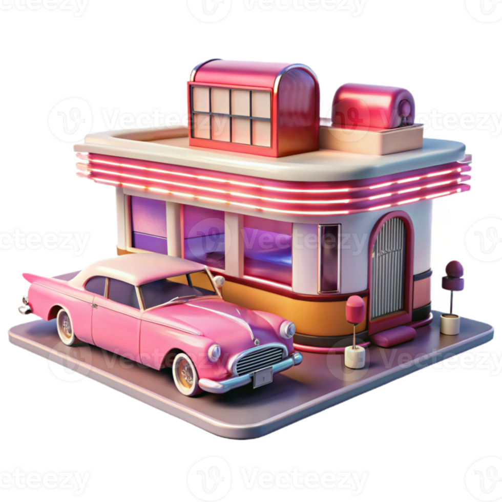 Retro Diner and Classic Car A 3D Render png