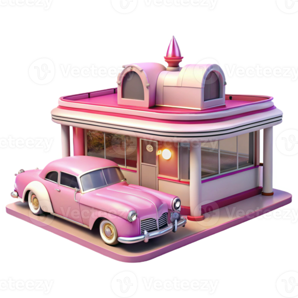 Pink Diner and Classic Car Retro Scene png