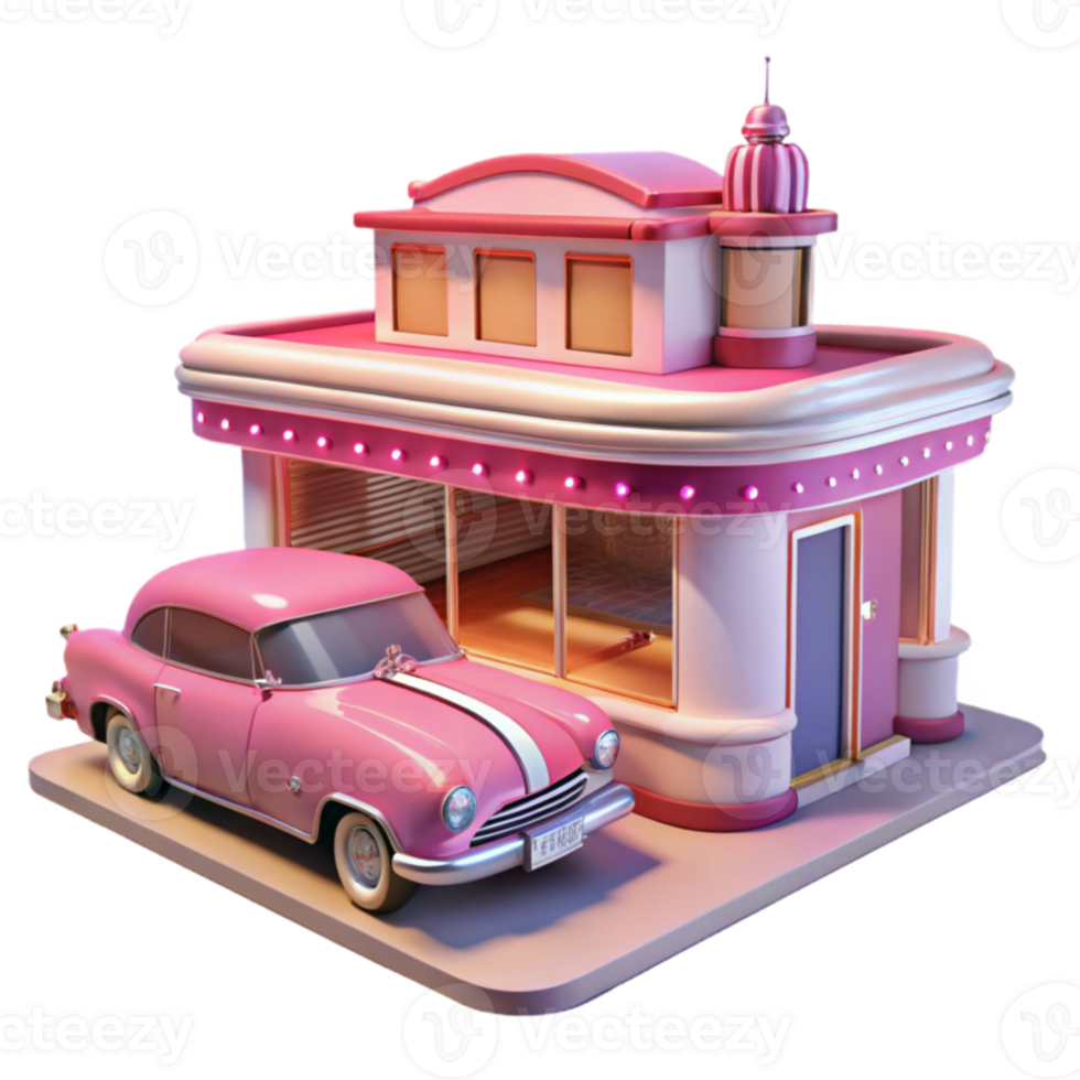 Pink Retro Diner with Classic Car png