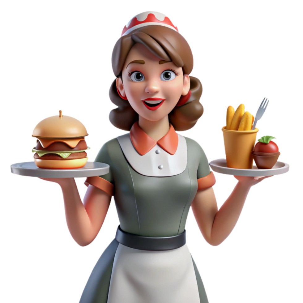 Retro Diner Waitress Serving Burger and Fries png