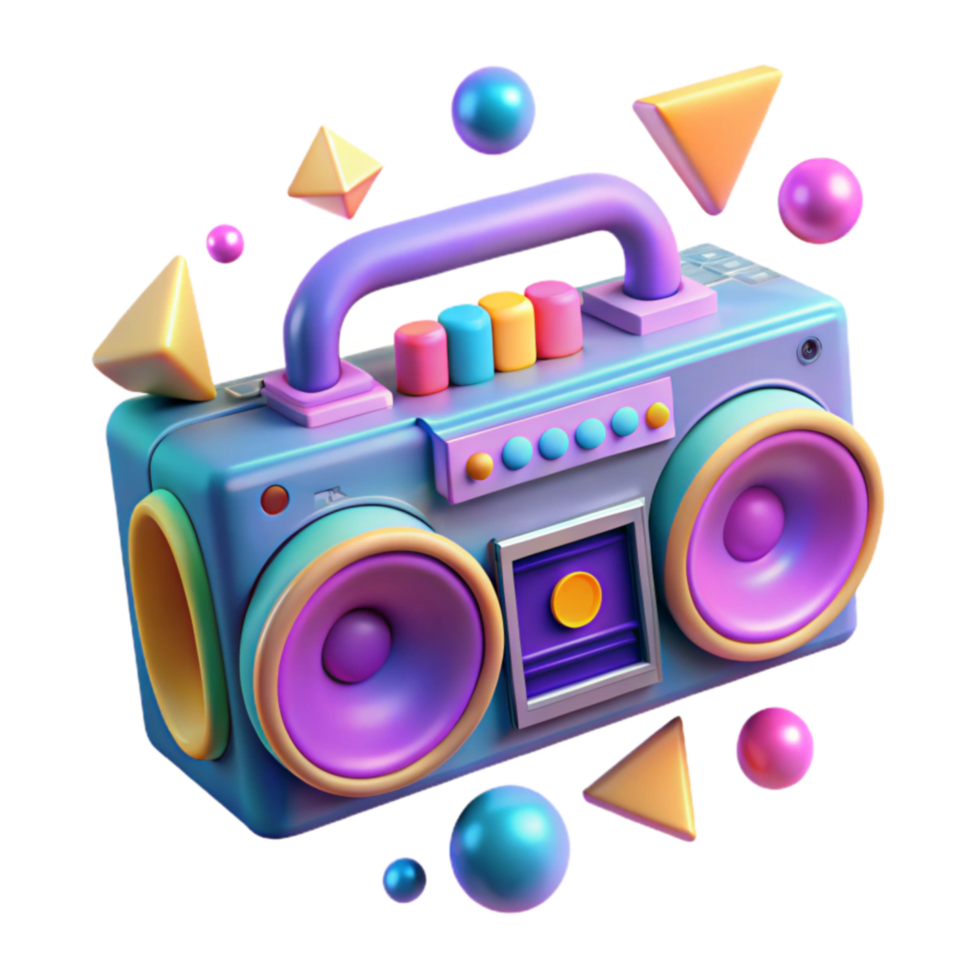 Retro Boombox 3D Render Colorful 80s Cassette Player png