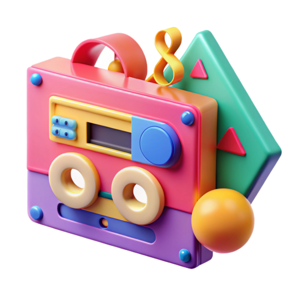 Retro Cassette Tape 3D Render Colorful, Playful Design png