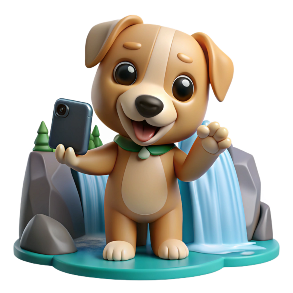 Adorable 3D Puppy Takes a Selfie by Waterfall png