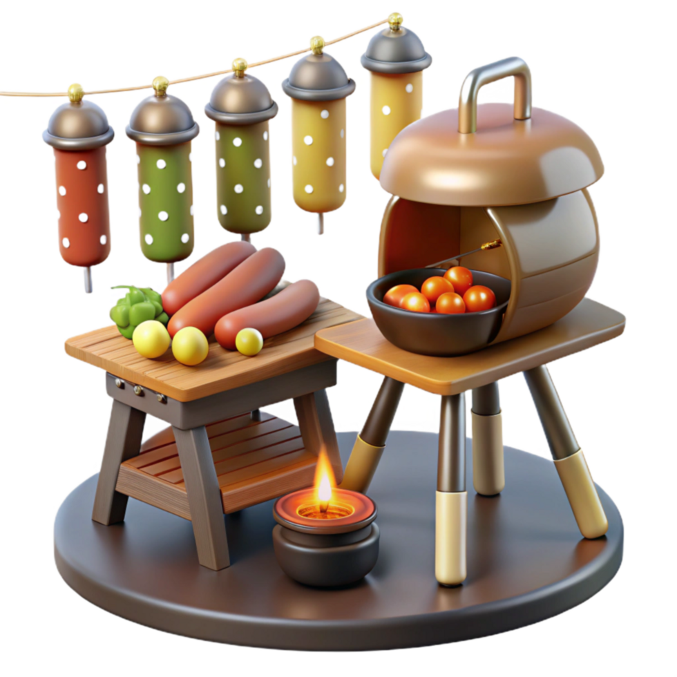 3D Render of Festive Grill with Hot Dogs and Vegetables png