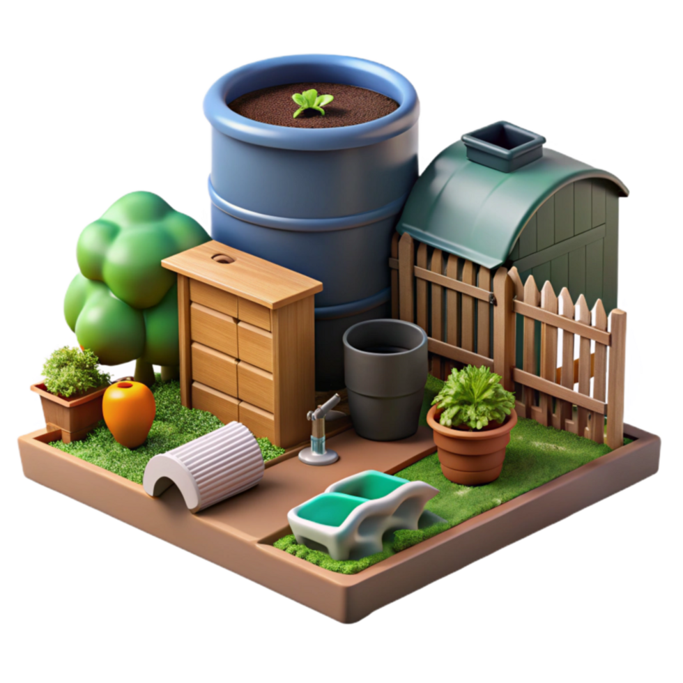 Gardening Shed, Planters, and Rain Barrel png
