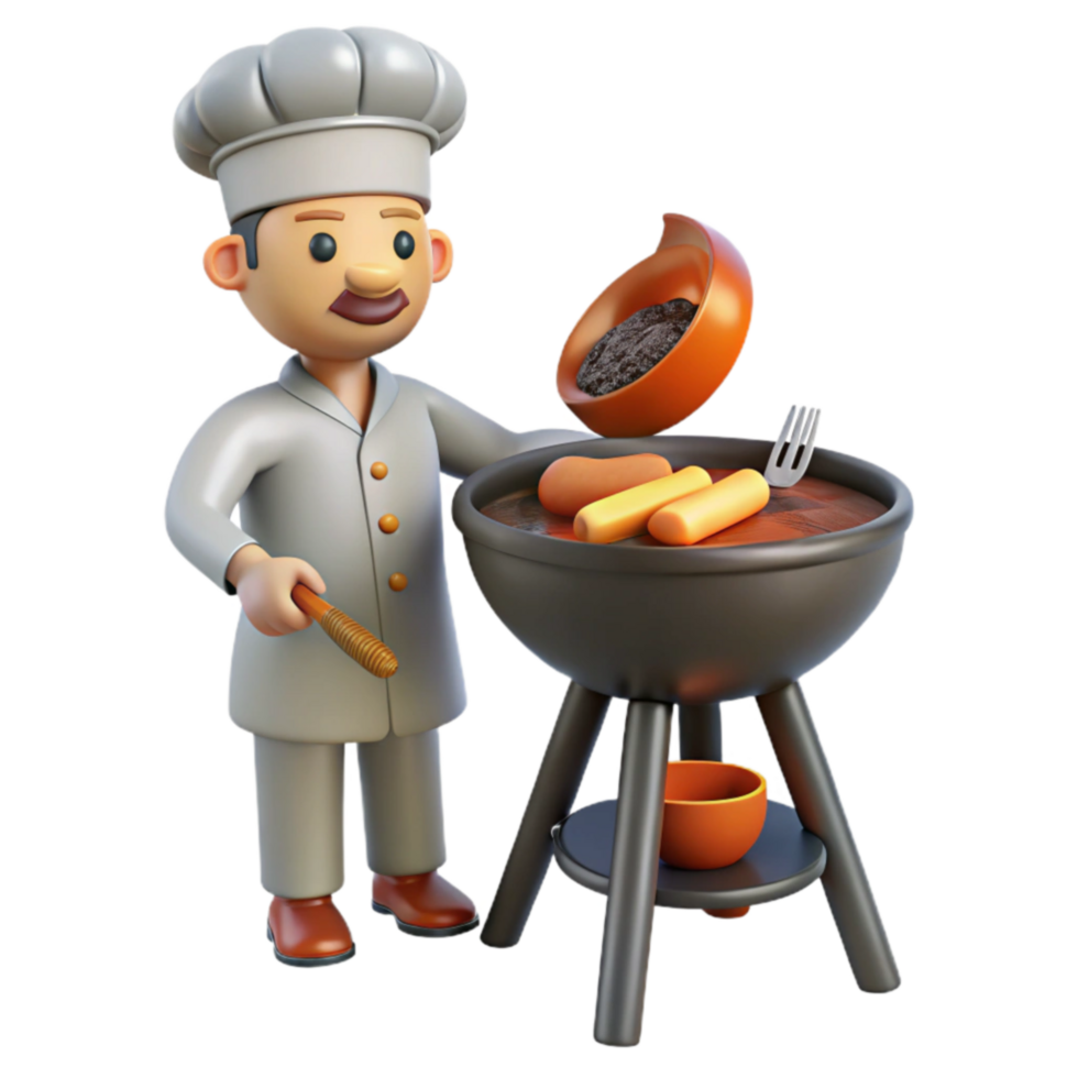 Cartoon Chef Grilling Sausages and Potatoes png