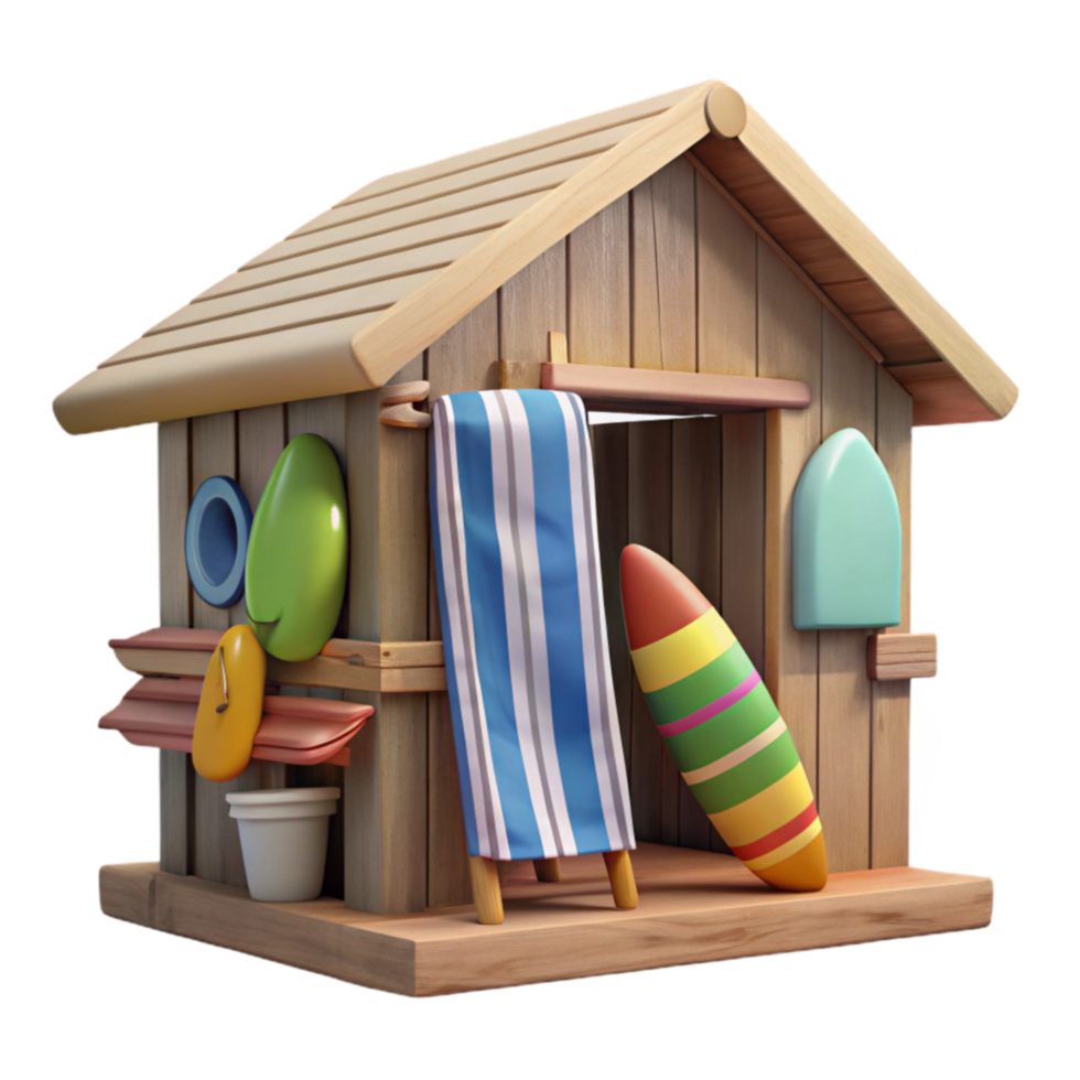 Summer Beach House with Surfboard and Towel png