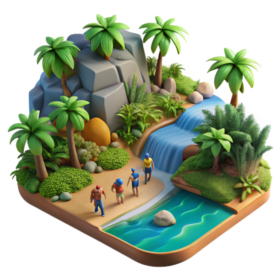 Tropical Island Paradise 3D Render of Scenic Waterfall Beach png