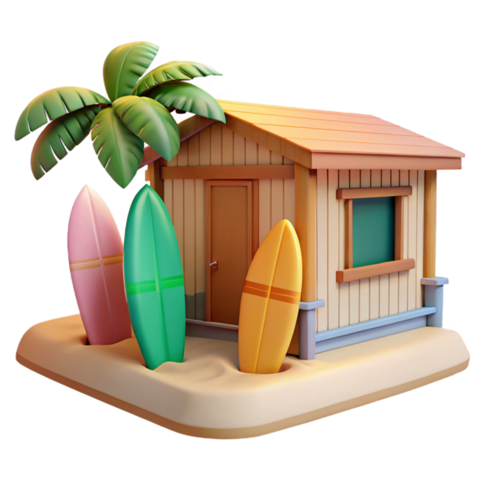 Beach House, Surfboards, Palm Tree 3D Render png