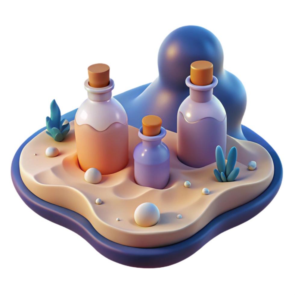 Bottles, Potions, 3D Render, Abstract Art, Fantasy, Magical, Elixir, Sand, Plants, Surreal, Whimsical png