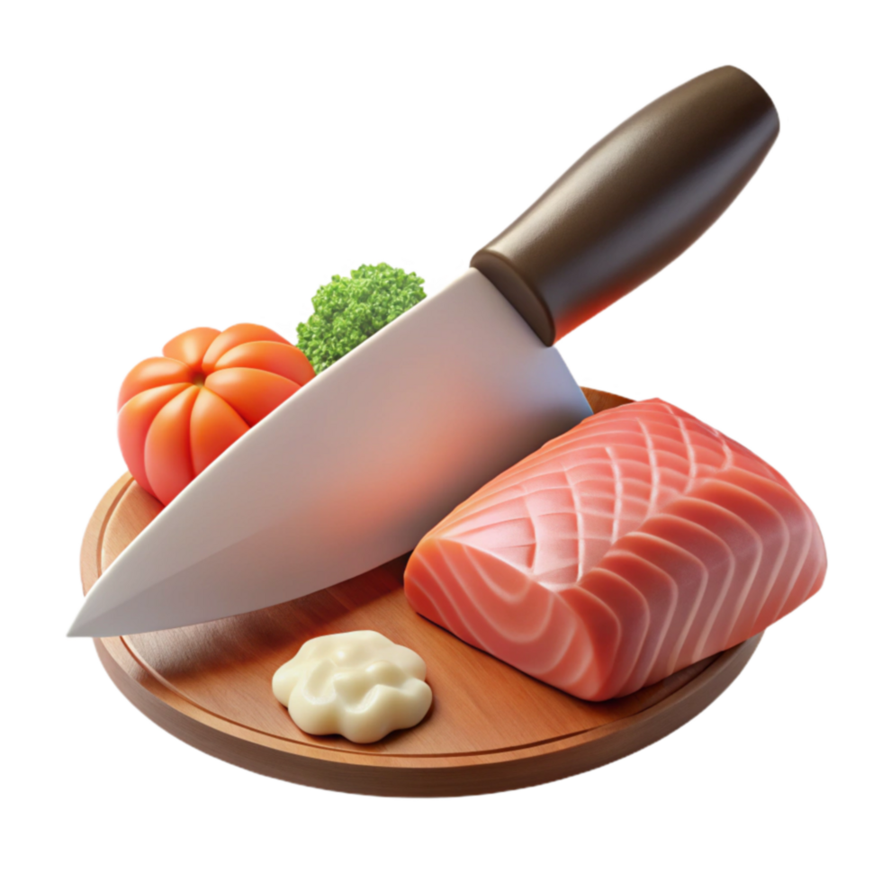 Cooking Salmon with Knife, Vegetables, and Sauce png