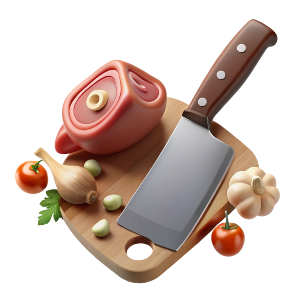 Meat, Vegetables, and Cleaver on Cutting Board png