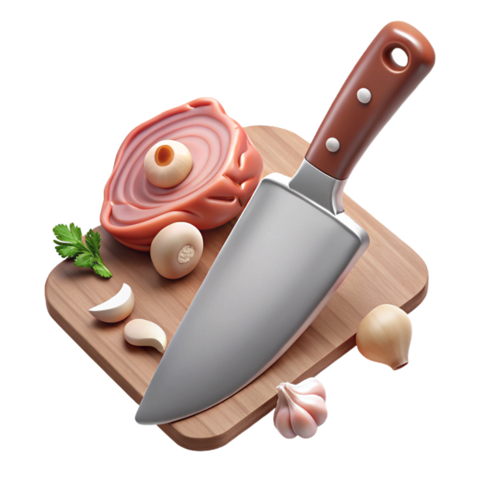 Chef s Knife, Cutting Board, Raw Meat, Garlic, Onion, Cooking Prep png