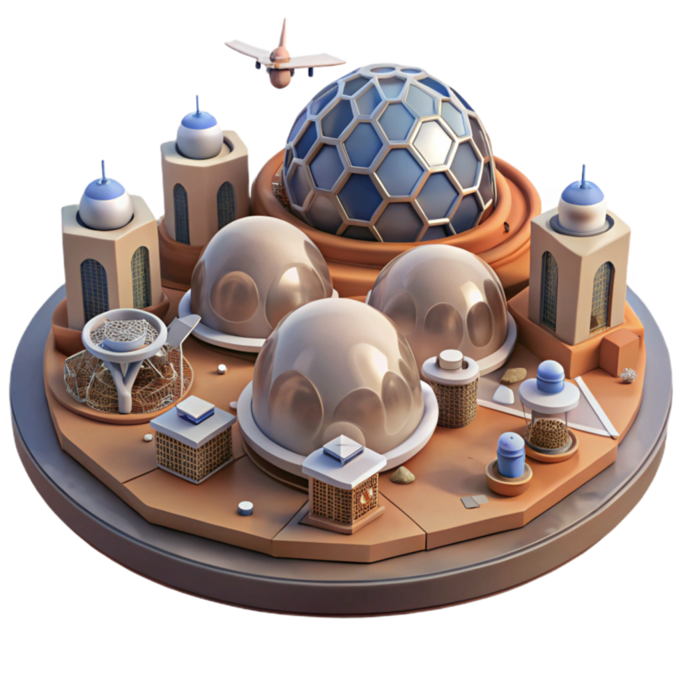 Futuristic Desert Oasis Domes, Towers, and Air Travel png