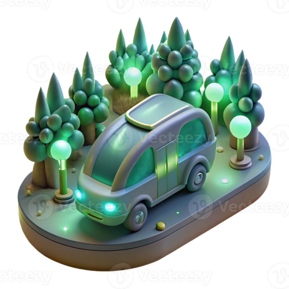 Night Drive Futuristic Campervan in Illuminated Forest png
