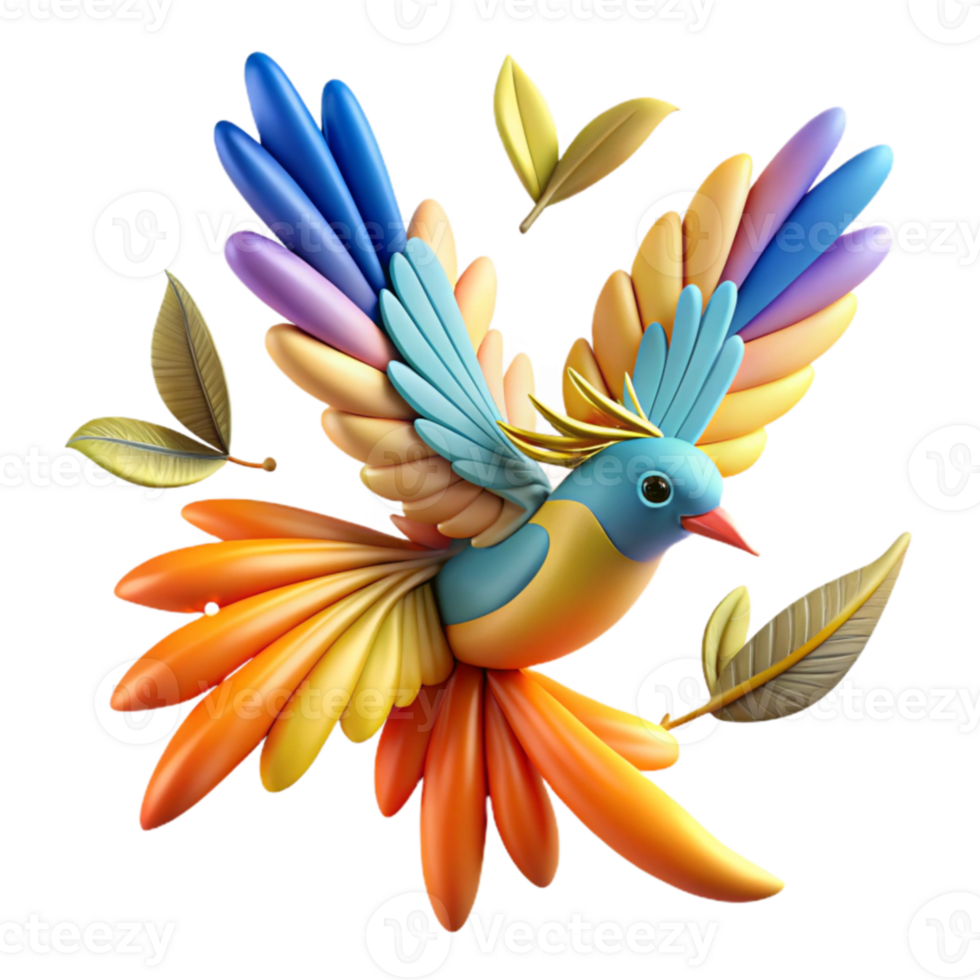 Vibrant Rainbow Bird in Flight with Leaves png