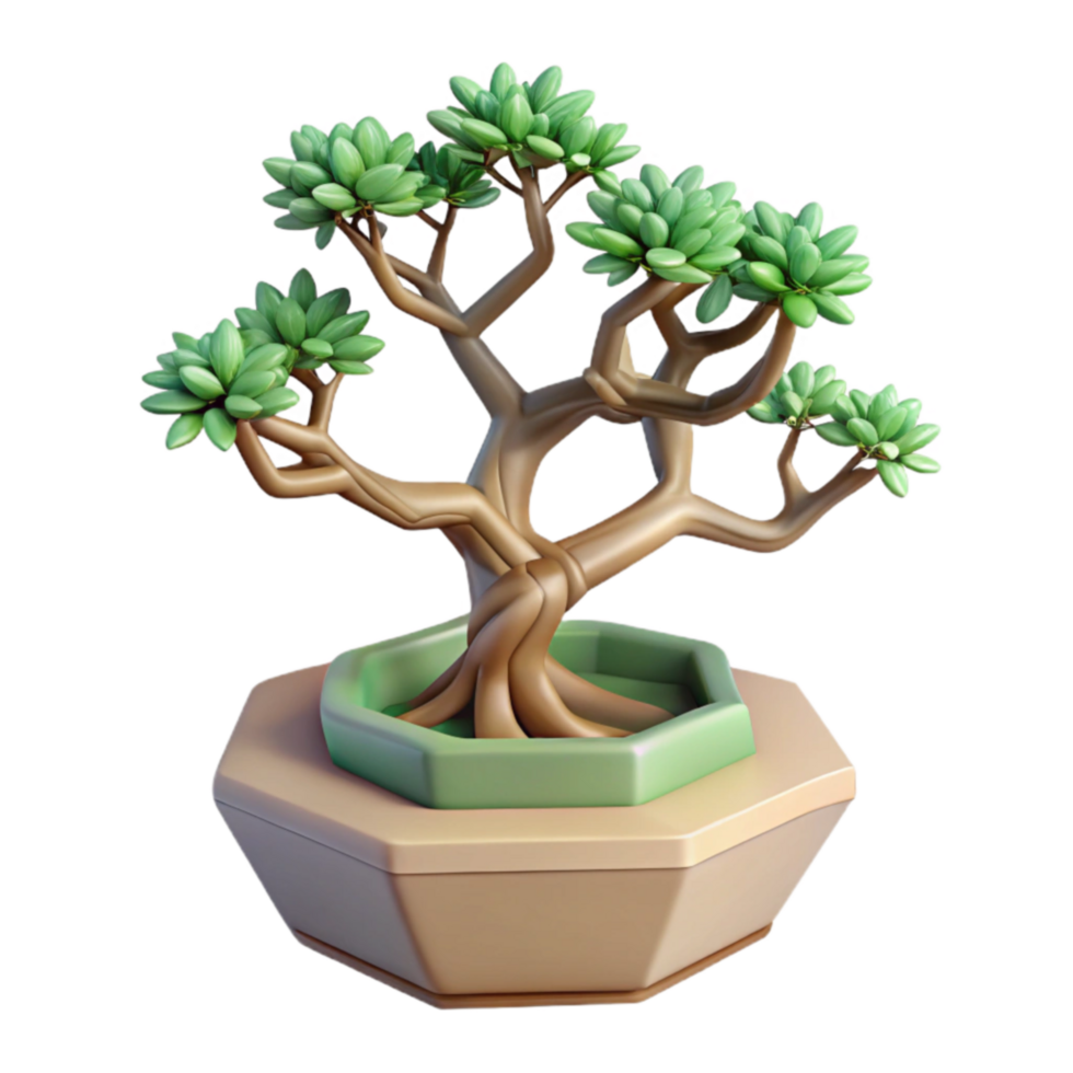 Stylized Bonsai Tree in Hexagonal Pot 3D Render png