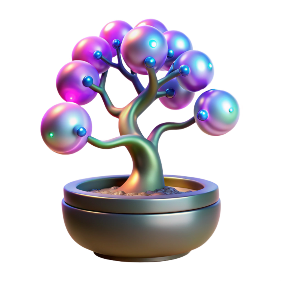 Iridescent Bonsai Abstract 3D Render of a Colorful, Ornamental Tree png