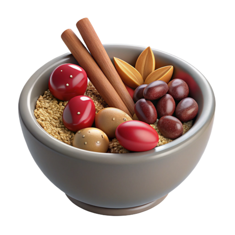 Bowl of Grains, Spices, and Colorful Eggs png