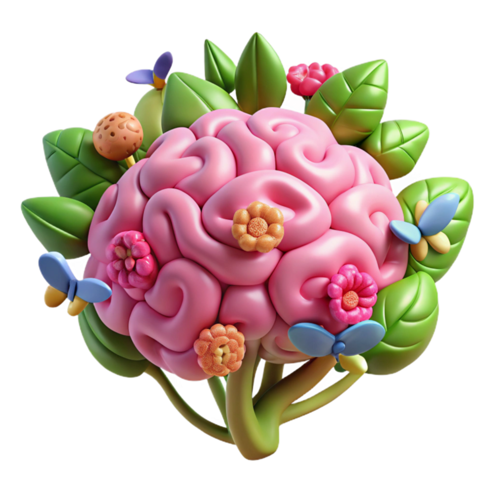 Blooming Brain A 3D Render of a Brain Shaped Flower Arrangement png