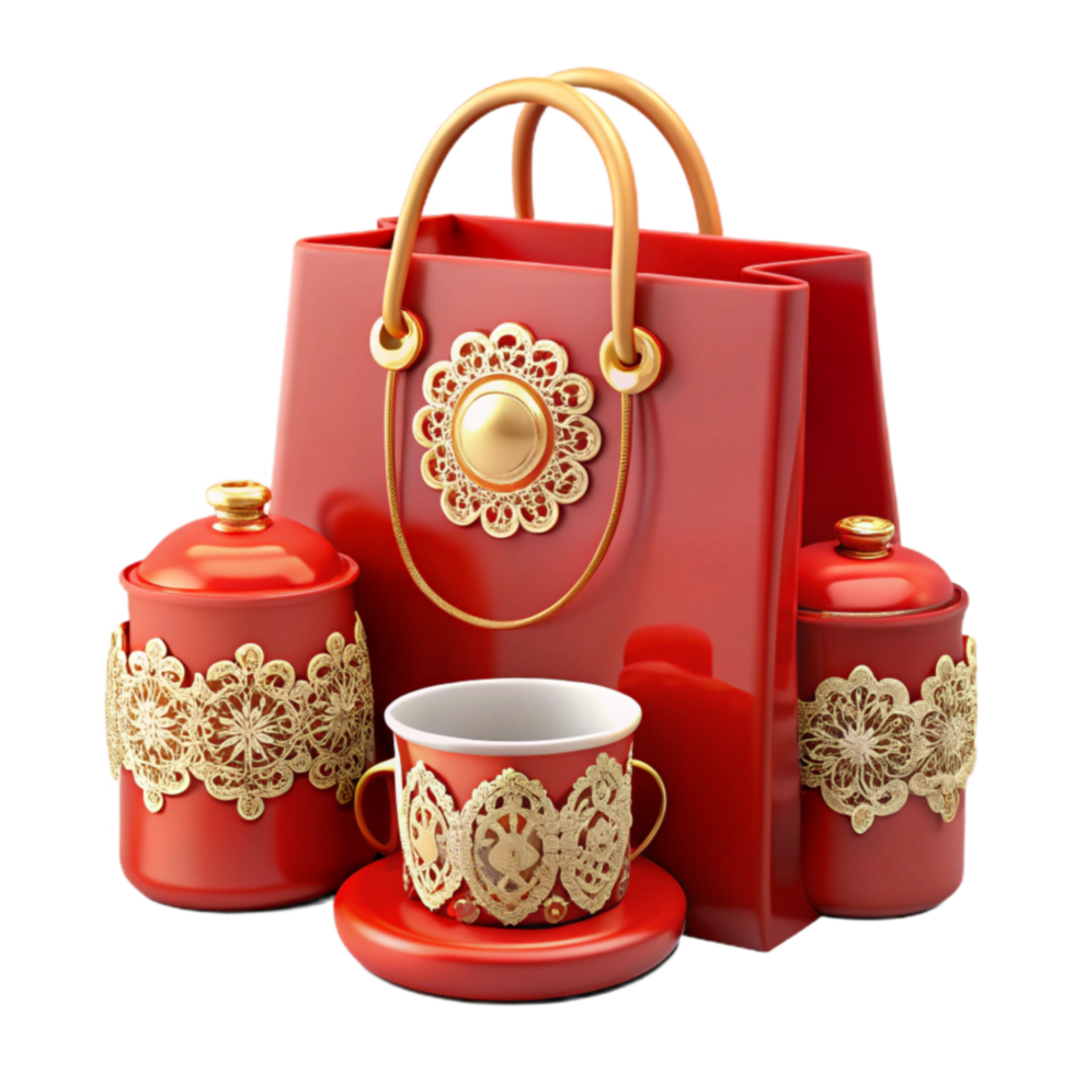 Red Gift Set Elegant Teacup, Canisters Shopping Bag png
