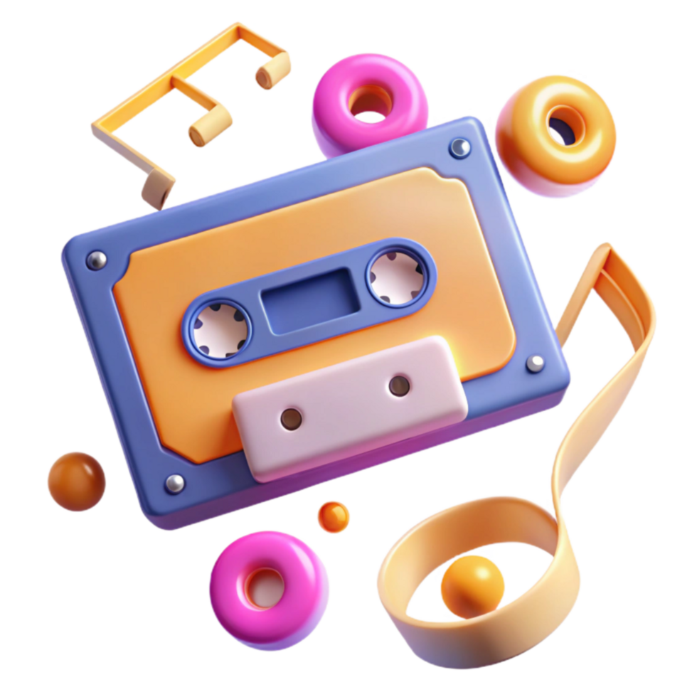 Retro Cassette Tape with Music Notes and Donuts png